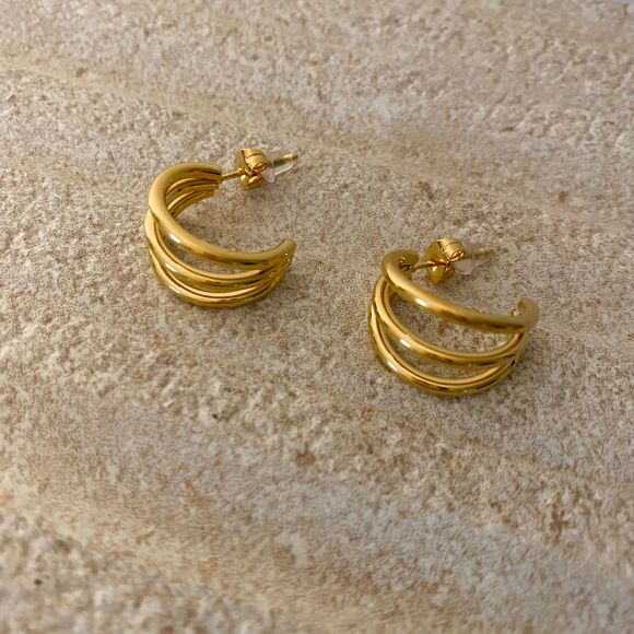 18K Gold Plated Triple C Stacked Hoop Earrings - Picture 2 of 6